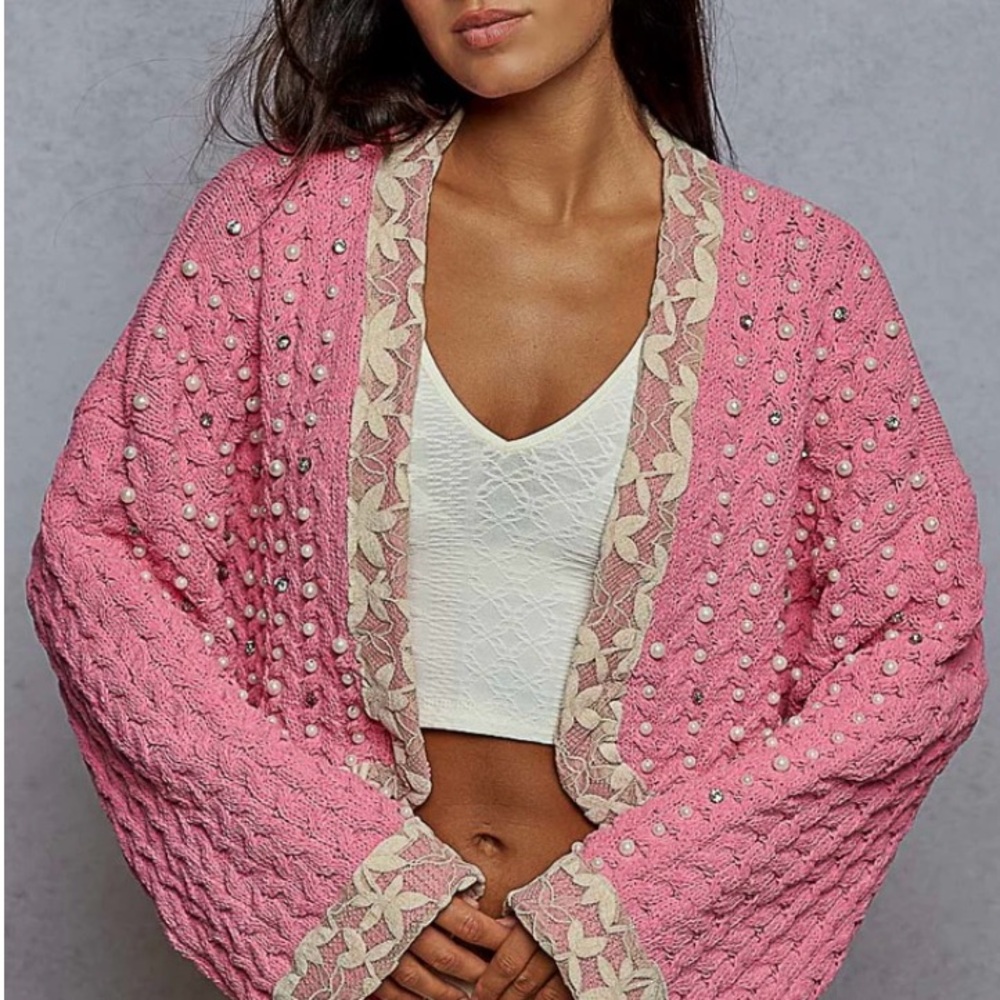 POL Pink Knit Shrug with Pearl Details